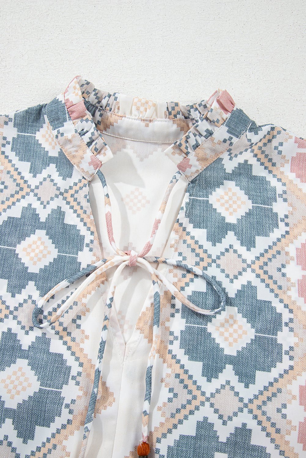 Khaki Geometric Print Tassel Tie Split Neck Balloon Sleeve Blouse - Crowned Energy CO.