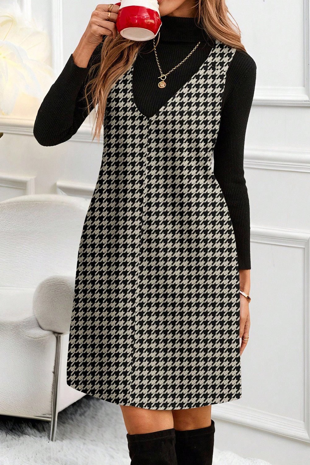 Khaki Houndstooth Print V Neck Sleeveless Mini Dress - Crowned Energy CO.