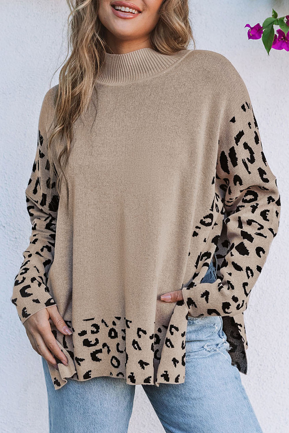 Khaki Leopard High Neck Side Slit Oversized Sweater - Crowned Energy CO.