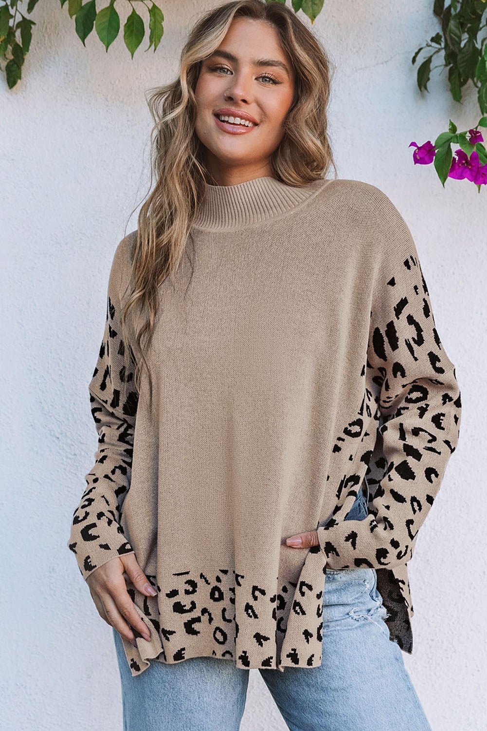 Khaki Leopard High Neck Side Slit Oversized Sweater - Crowned Energy CO.