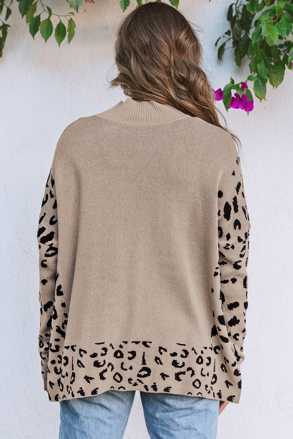 Khaki Leopard High Neck Side Slit Oversized Sweater - Crowned Energy CO.