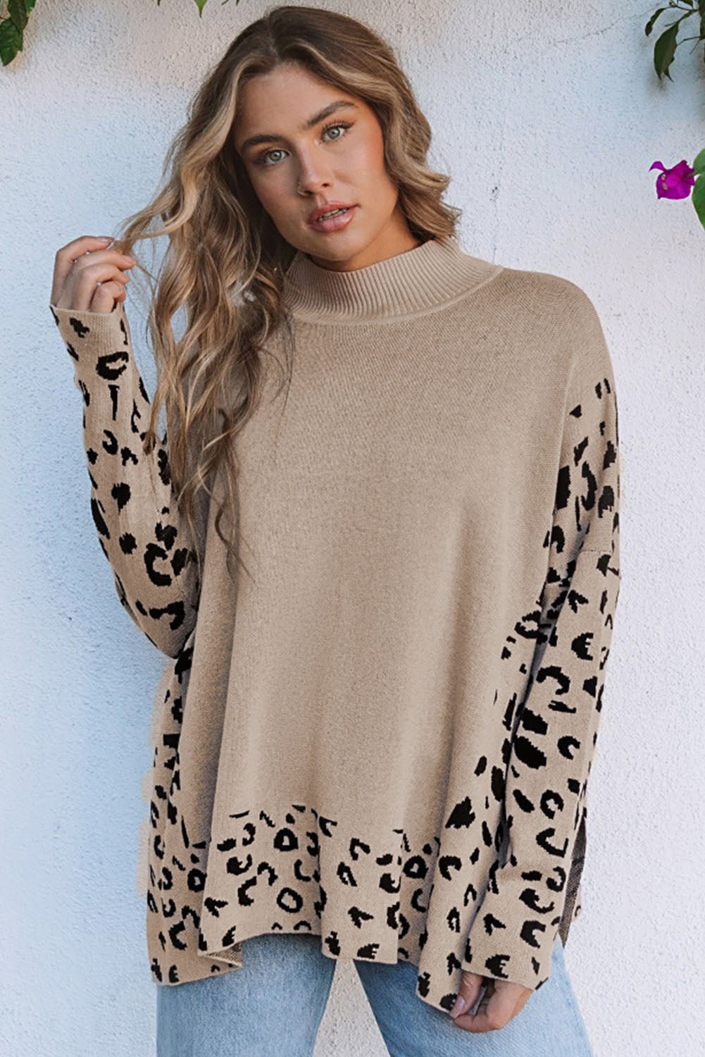 Khaki Leopard High Neck Side Slit Oversized Sweater - Crowned Energy CO.
