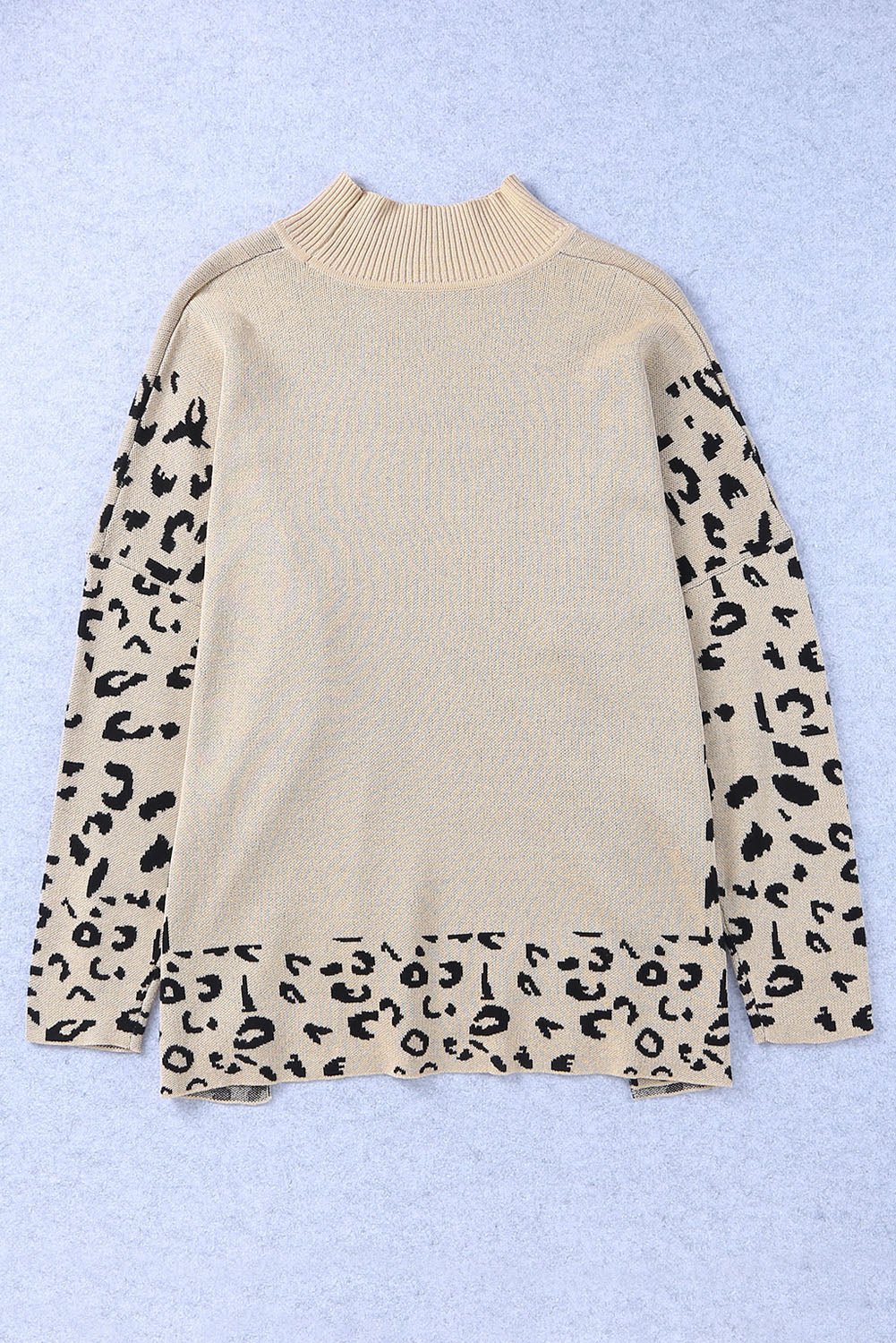 Khaki Leopard High Neck Side Slit Oversized Sweater - Crowned Energy CO.
