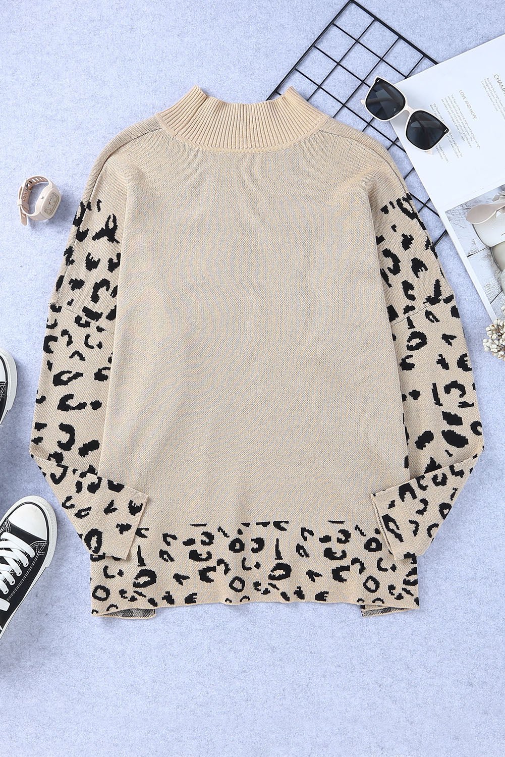 Khaki Leopard High Neck Side Slit Oversized Sweater - Crowned Energy CO.