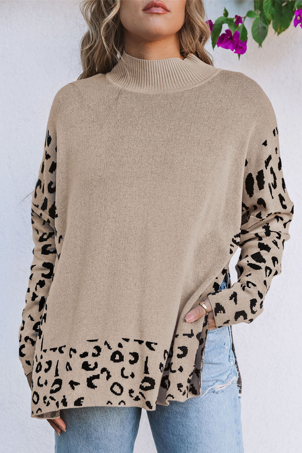 Khaki Leopard High Neck Side Slit Oversized Sweater - Crowned Energy CO.