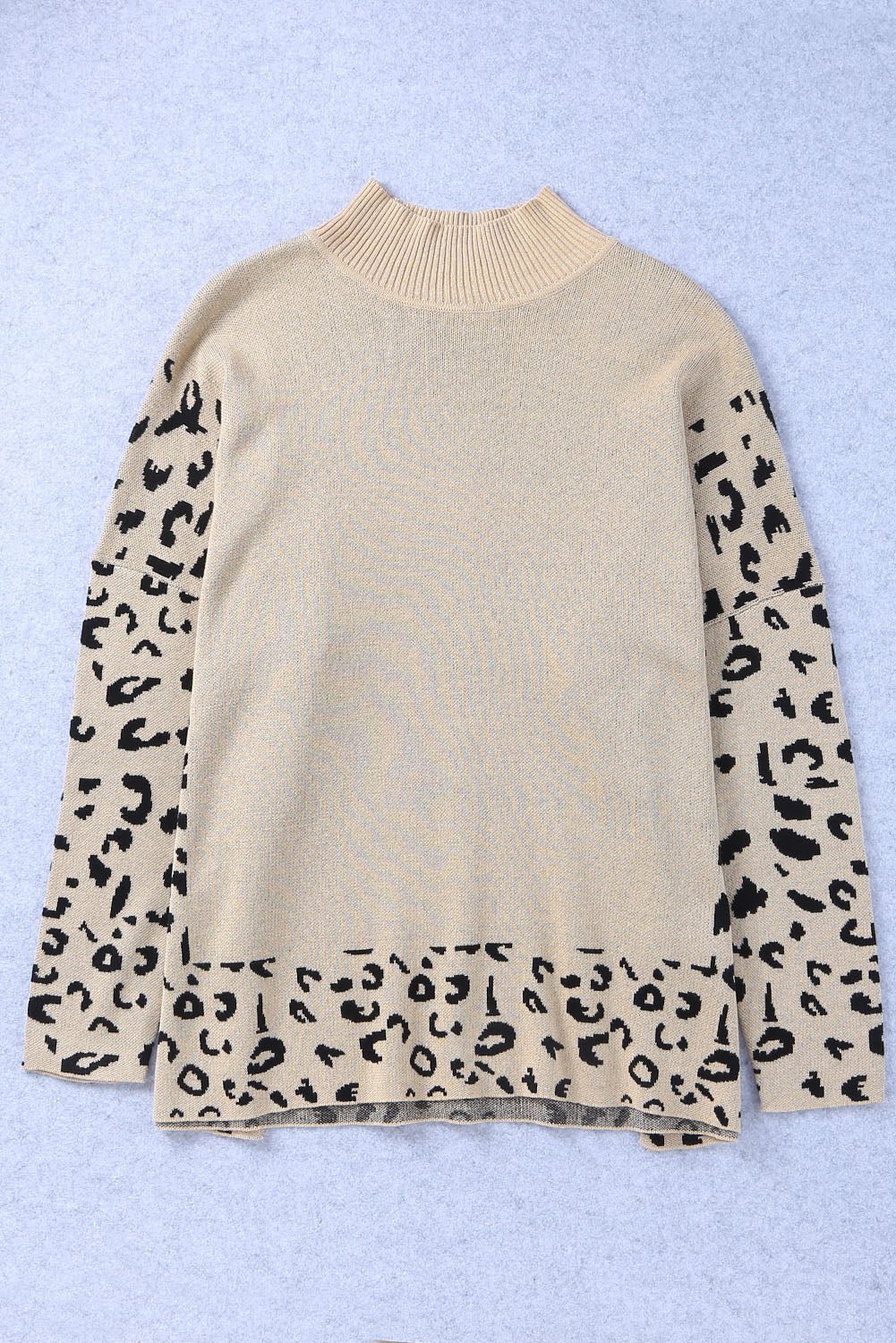 Khaki Leopard High Neck Side Slit Oversized Sweater - Crowned Energy CO.