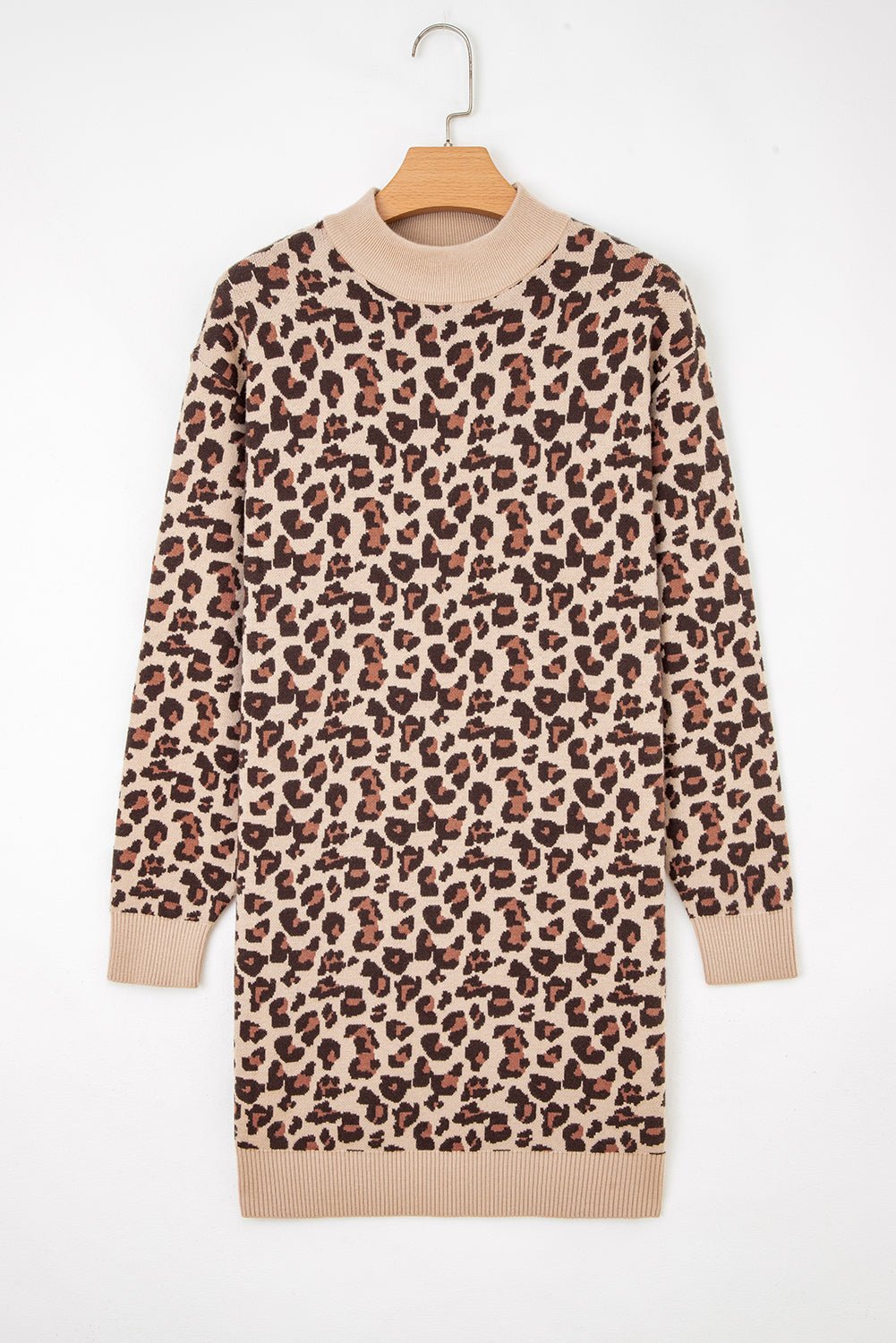 Crowned Energy CO. Khaki / S / 52%Viscose+26%Polyester+22%Polyamide Dear-Lover Dropshipping Sweaters & Cardigans/Sweater Dresses Khaki Leopard Print High Neck Shift Mini Sweater Dress