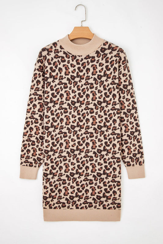 Crowned Energy CO. Khaki / S / 52%Viscose+26%Polyester+22%Polyamide Dear-Lover Dropshipping Sweaters & Cardigans/Sweater Dresses Khaki Leopard Print High Neck Shift Mini Sweater Dress