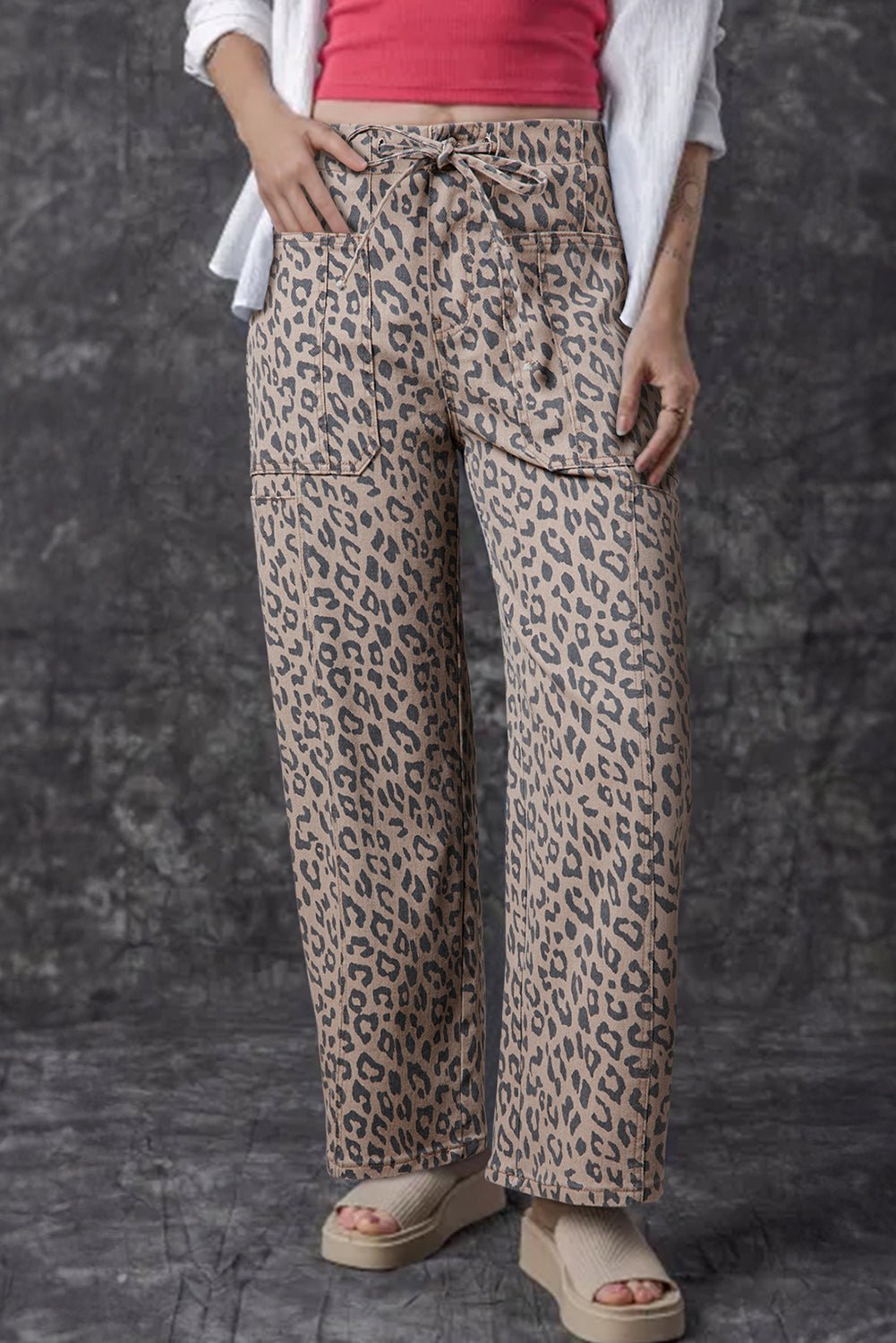 Crowned Energy CO. Khaki / 6 / 65%Cotton+33%Polyester+2%Elastane Dear-Lover Dropshipping Bottoms/Jeans Khaki Leopard Printed Drawstring Waist Pocketed Wide Leg Jeans