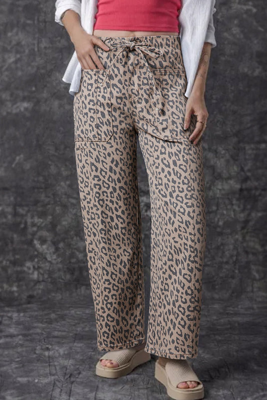 Crowned Energy CO. Khaki / 6 / 65%Cotton+33%Polyester+2%Elastane Dear-Lover Dropshipping Bottoms/Jeans Khaki Leopard Printed Drawstring Waist Pocketed Wide Leg Jeans