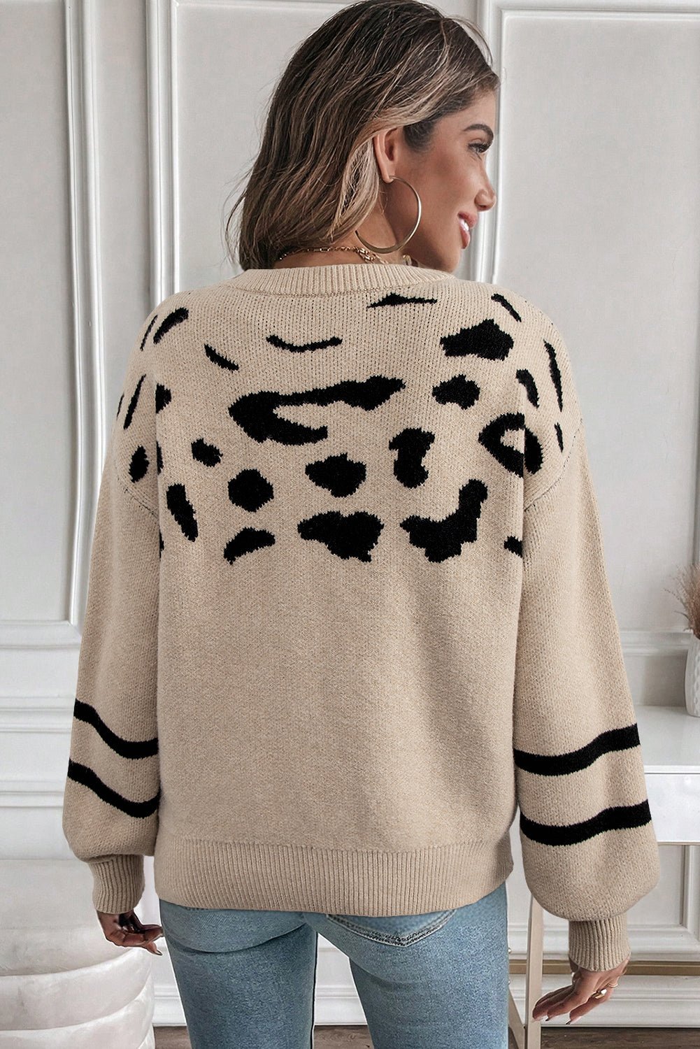 Khaki Leopard Striped Detail Drop Shoulder Sweater - Crowned Energy CO.