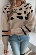 Khaki Leopard Striped Detail Drop Shoulder Sweater - Crowned Energy CO.