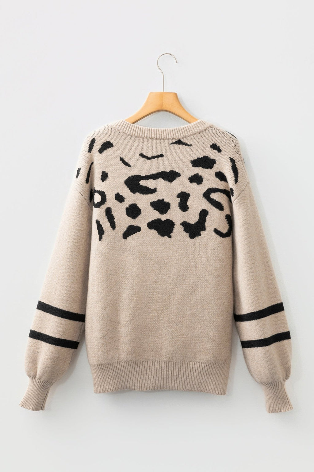 Khaki Leopard Striped Detail Drop Shoulder Sweater - Crowned Energy CO.