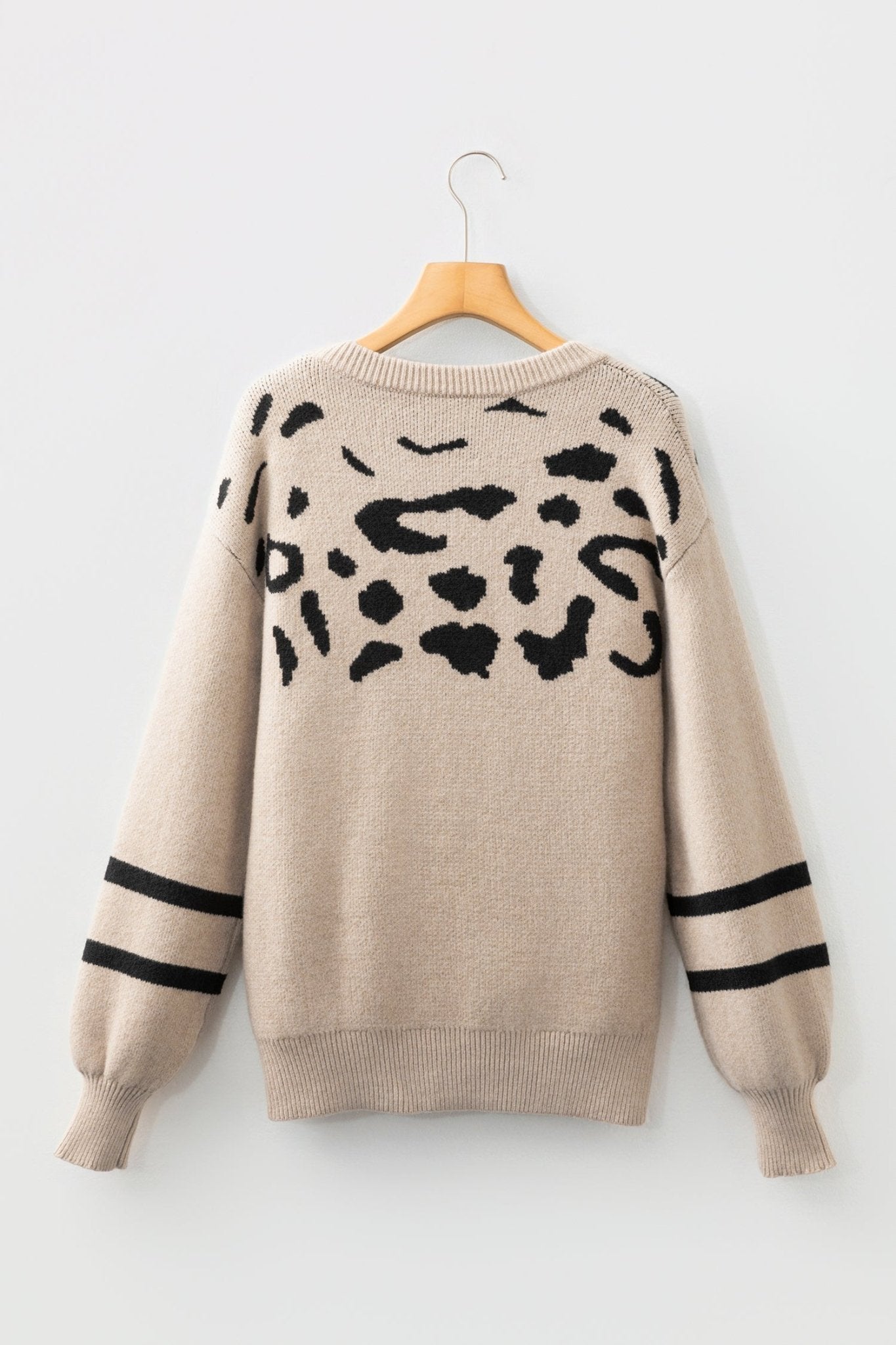 Khaki Leopard Striped Detail Drop Shoulder Sweater - Crowned Energy CO.