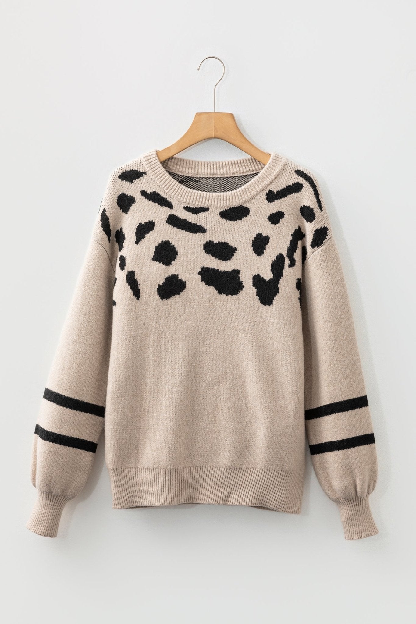 Khaki Leopard Striped Detail Drop Shoulder Sweater - Crowned Energy CO.