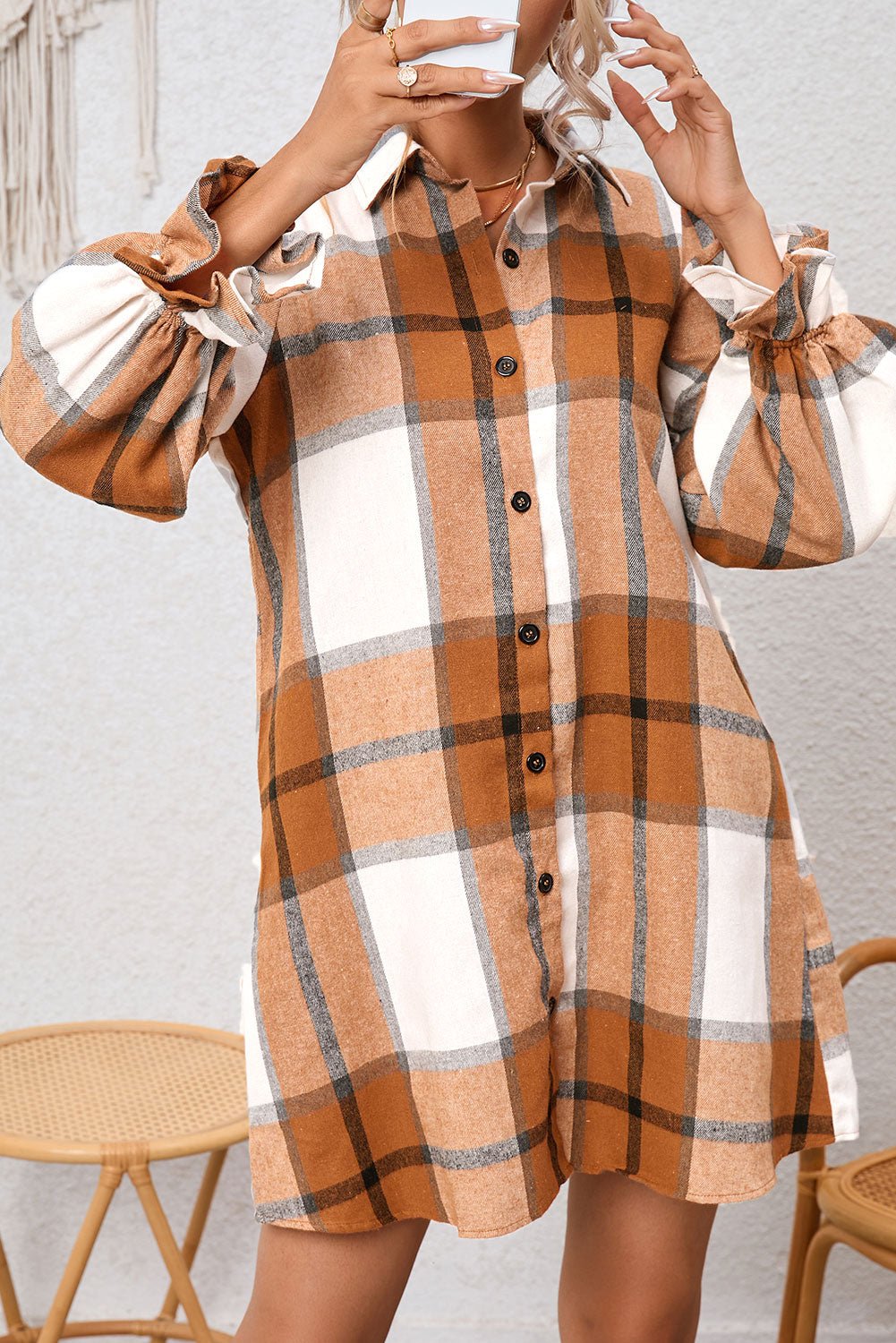 Crowned Energy CO. Khaki / S / 65%Polyester+35%Cotton Dear-Lover Dropshipping Dresses/Mini Dresses Khaki Plaid Pattern Collared Neck Ruffled Sleeve Shirt Dress