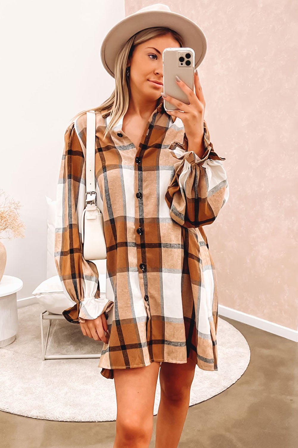 Crowned Energy CO. Khaki / S / 65%Polyester+35%Cotton Dear-Lover Dropshipping Dresses/Mini Dresses Khaki Plaid Pattern Collared Neck Ruffled Sleeve Shirt Dress