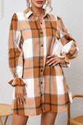 Crowned Energy CO. Khaki / S / 65%Polyester+35%Cotton Dear-Lover Dropshipping Dresses/Mini Dresses Khaki Plaid Pattern Collared Neck Ruffled Sleeve Shirt Dress
