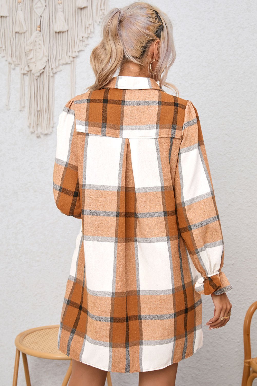 Crowned Energy CO. Khaki / S / 65%Polyester+35%Cotton Dear-Lover Dropshipping Dresses/Mini Dresses Khaki Plaid Pattern Collared Neck Ruffled Sleeve Shirt Dress