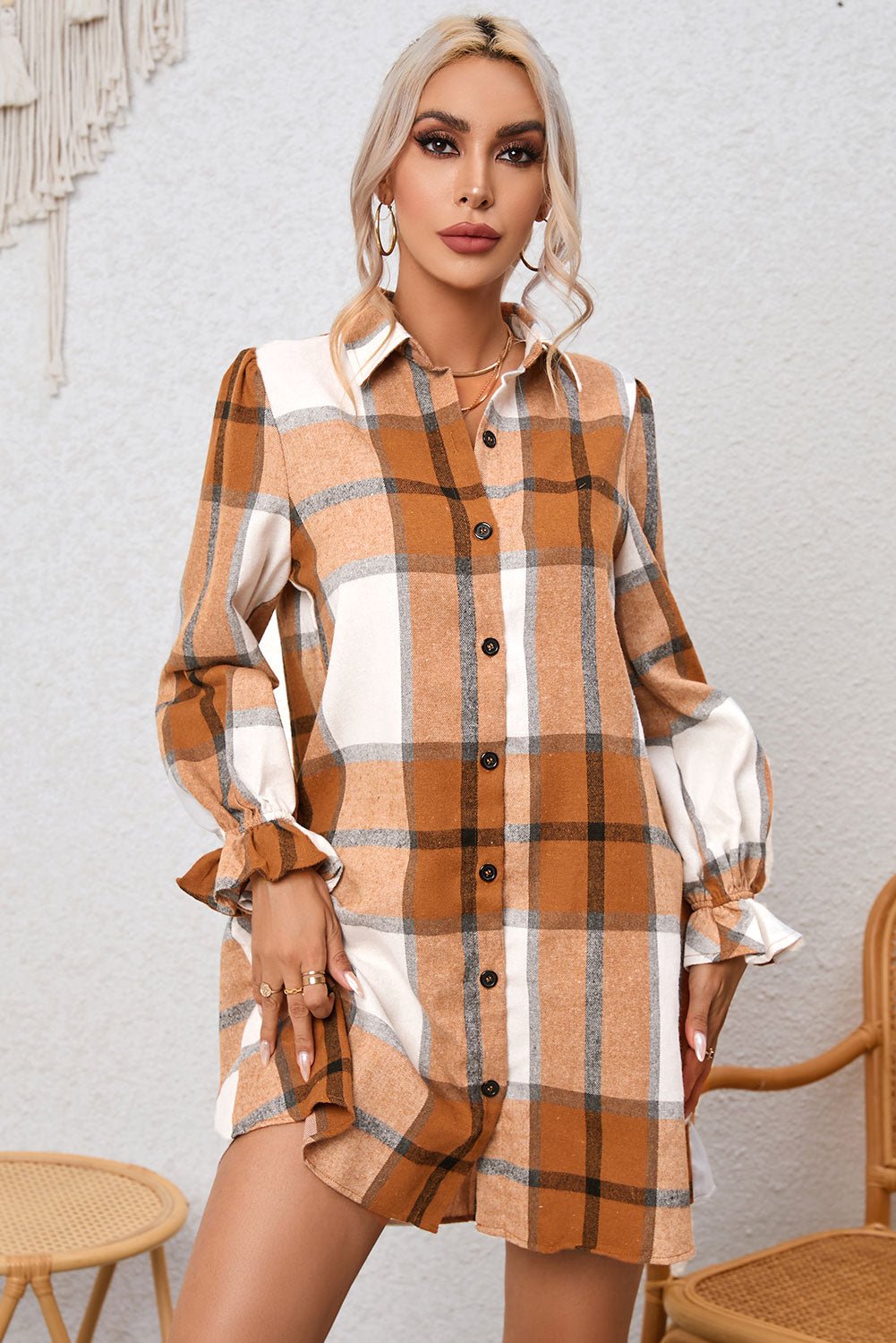 Crowned Energy CO. Khaki / S / 65%Polyester+35%Cotton Dear-Lover Dropshipping Dresses/Mini Dresses Khaki Plaid Pattern Collared Neck Ruffled Sleeve Shirt Dress