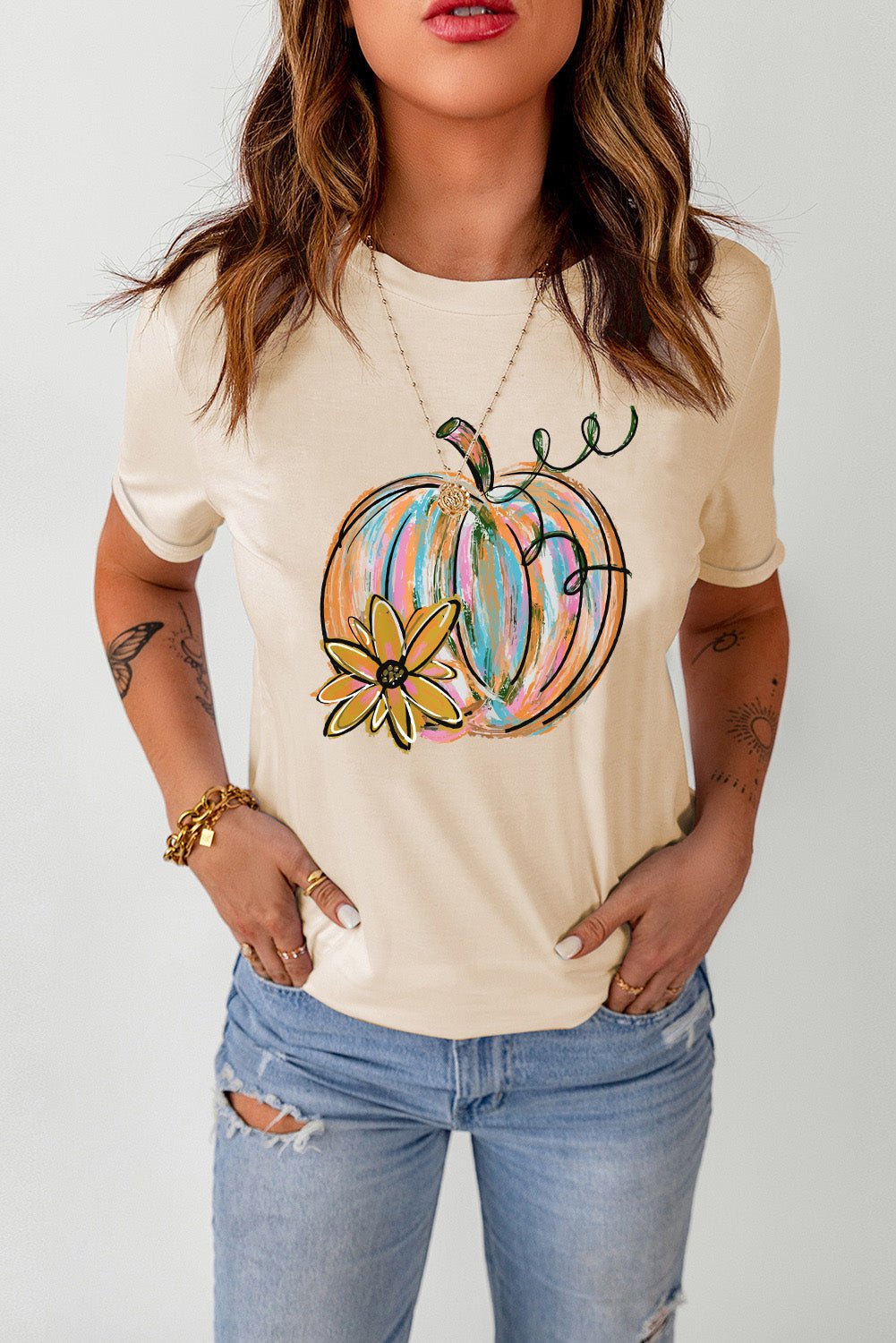 Crowned Energy CO. Khaki / S / 95%Polyester+5%Elastane Dear-Lover Dropshipping Graphic/Graphic Tees Khaki Pumpkin with Flower Graphic T Shirt