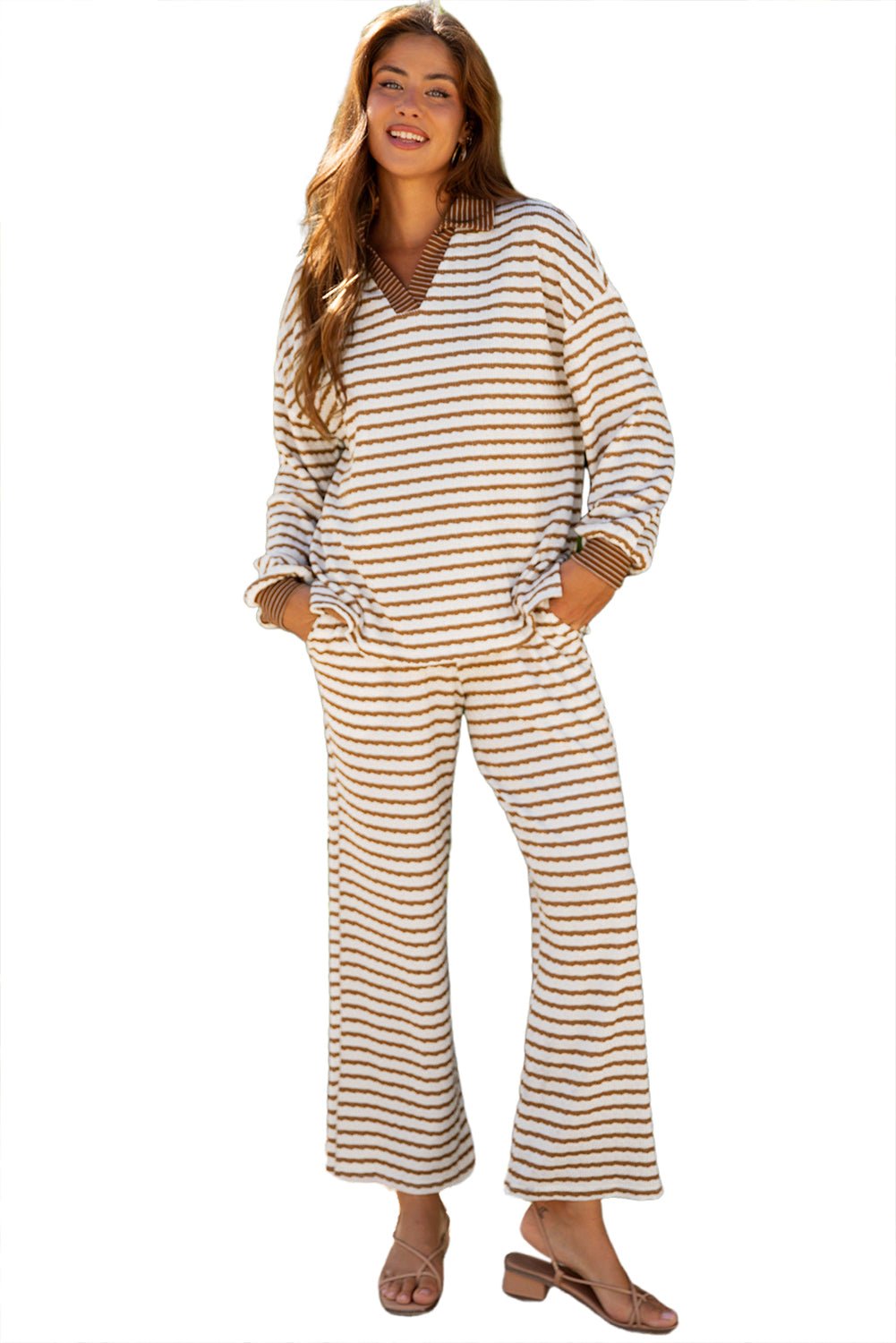 Crowned Energy CO. Khaki Stripe / S / 85%Polyester+10%Viscose+5%Elastane Dear-Lover Dropshipping Two Piece Sets/Pant Sets Khaki Stripe Collared Pullover Top and Drawstring Pant Set