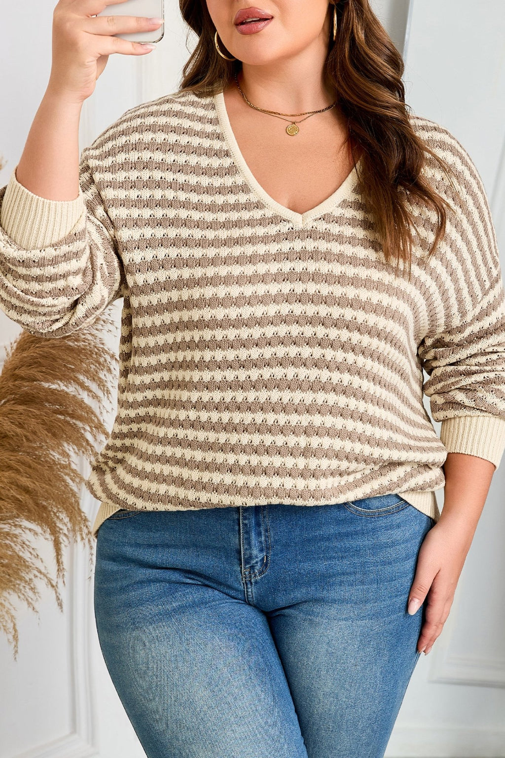 Khaki Stripe Plus Size V Neck Drop Shoulder Sweater - Crowned Energy CO.