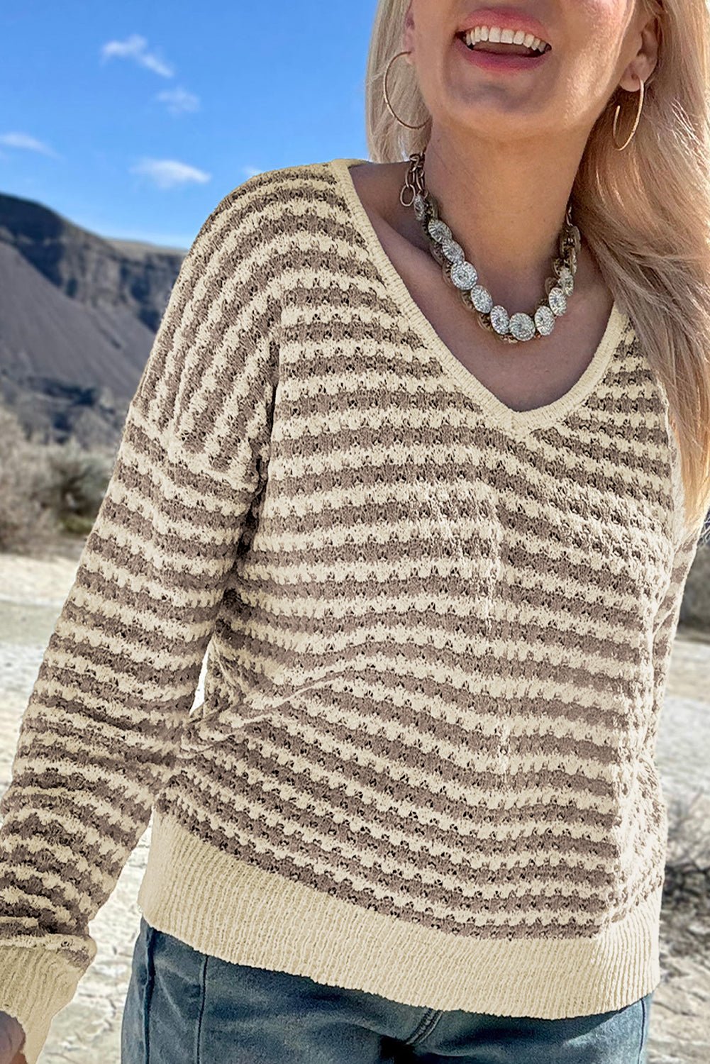 Khaki Stripe Plus Size V Neck Drop Shoulder Sweater - Crowned Energy CO.