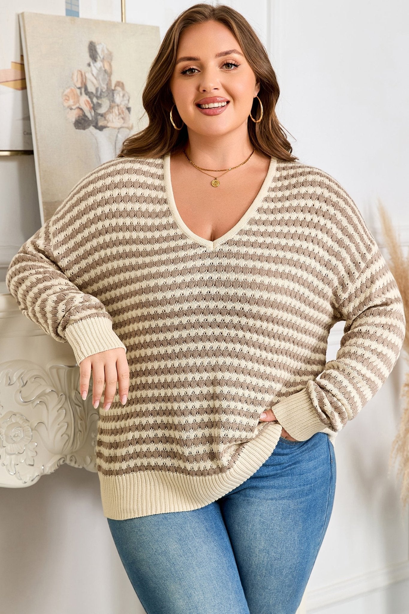 Khaki Stripe Plus Size V Neck Drop Shoulder Sweater - Crowned Energy CO.