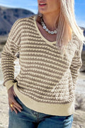 Khaki Stripe Plus Size V Neck Drop Shoulder Sweater - Crowned Energy CO.