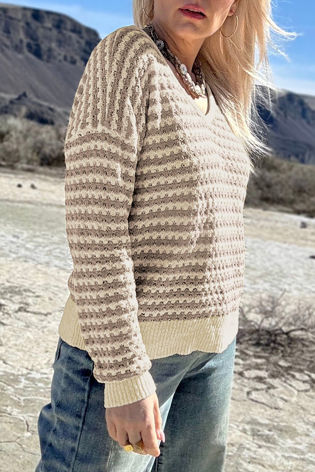 Khaki Stripe Plus Size V Neck Drop Shoulder Sweater - Crowned Energy CO.