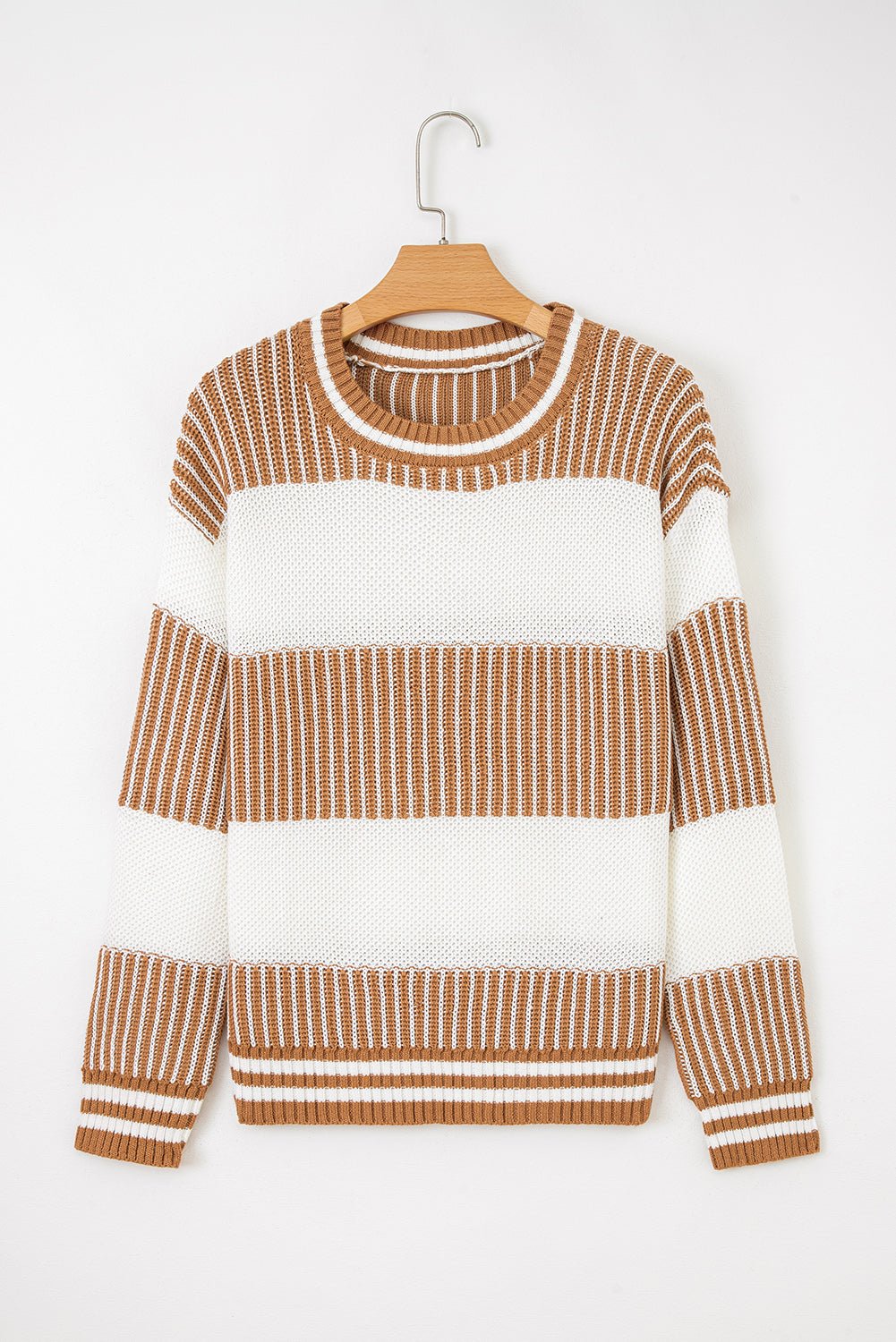 Khaki Two Tone Striped Patchwork Drop Shoulder Loose Sweater - Crowned Energy CO.