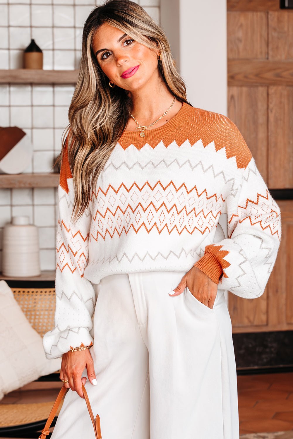 Khaki Zigzag Geometric Pattern Knitted Pullover Sweater - Crowned Energy CO.