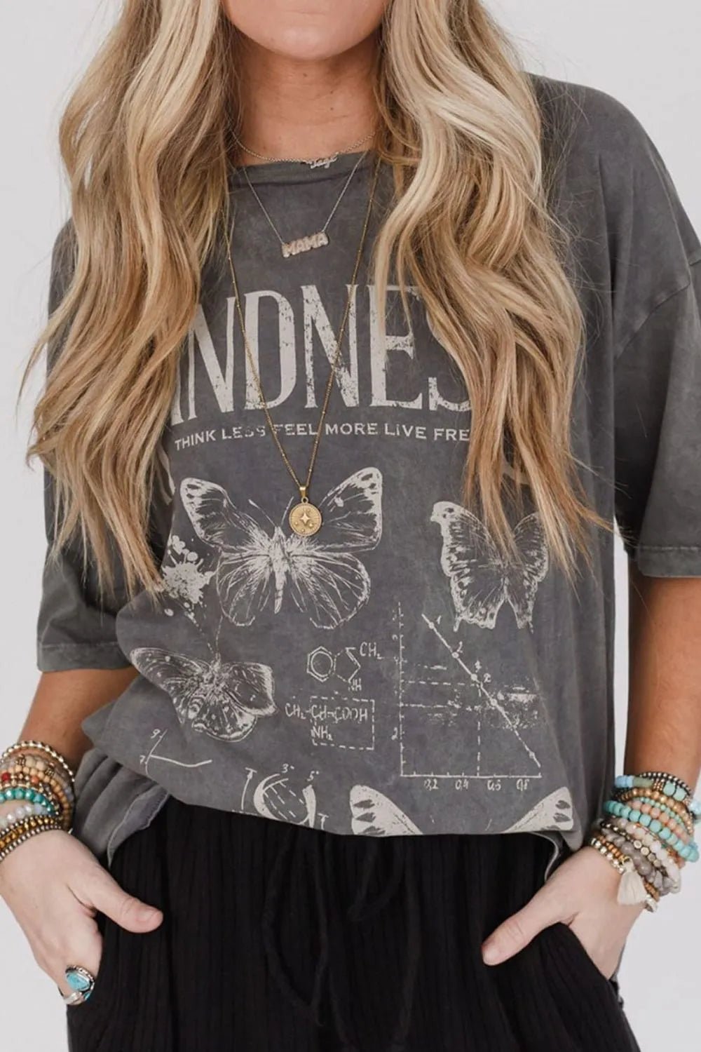 Crowned Energy CO. Dark Gray / S Trendsi T-Shirt Kindness Butterflies Graphic Mineral Wash Loose Tee