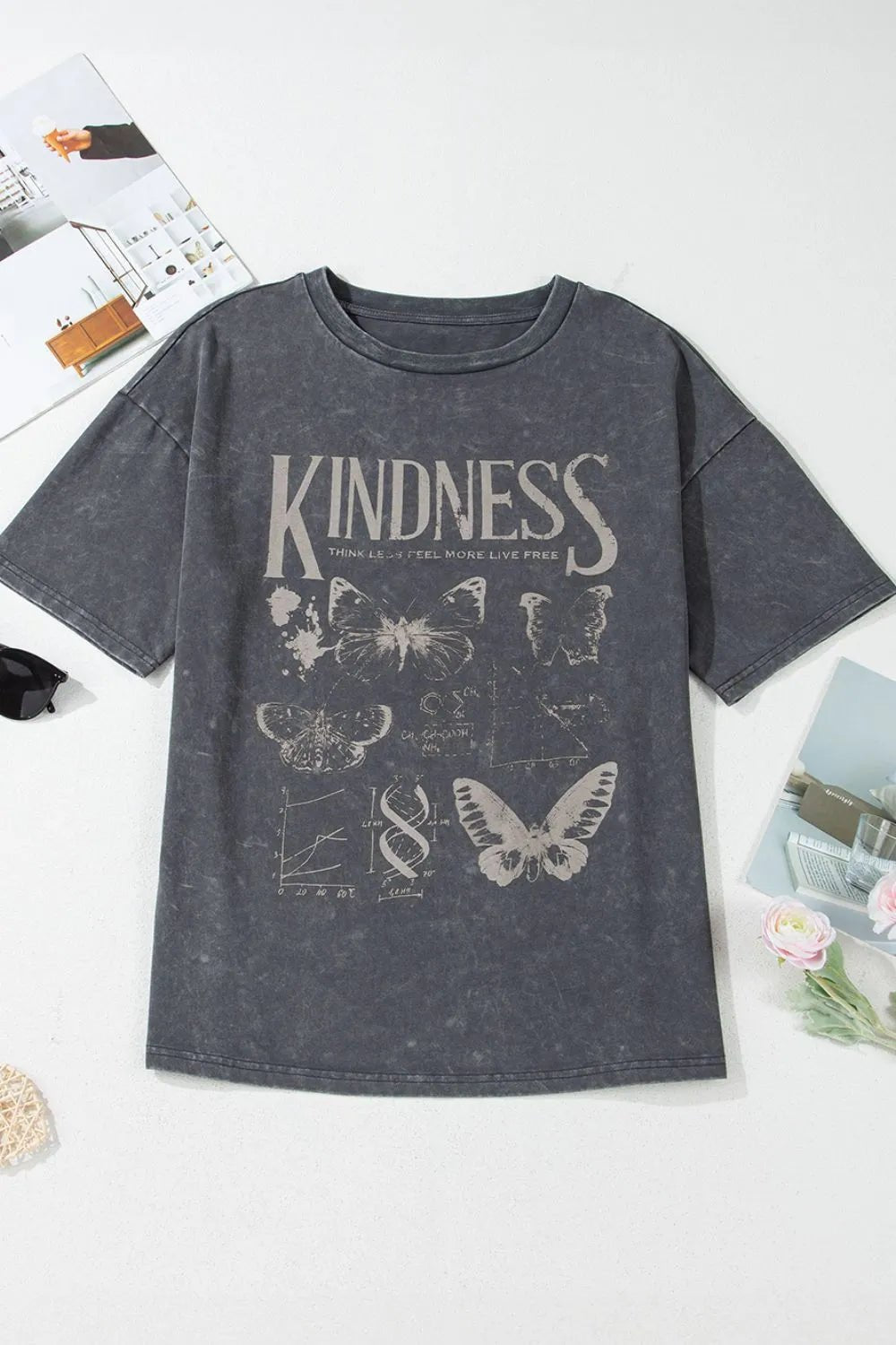 Crowned Energy CO. Dark Gray / S Trendsi T-Shirt Kindness Butterflies Graphic Mineral Wash Loose Tee