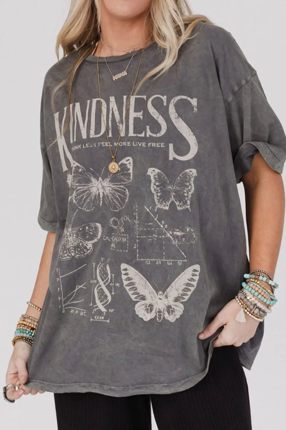 Crowned Energy CO. Dark Gray / S Trendsi T-Shirt Kindness Butterflies Graphic Mineral Wash Loose Tee