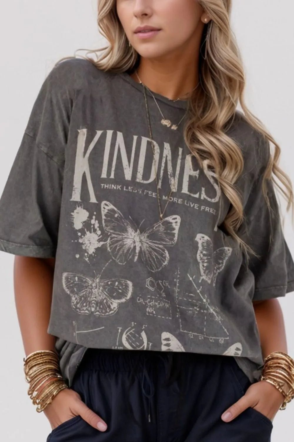 Crowned Energy CO. Dark Gray / S Trendsi T-Shirt Kindness Butterflies Graphic Mineral Wash Loose Tee