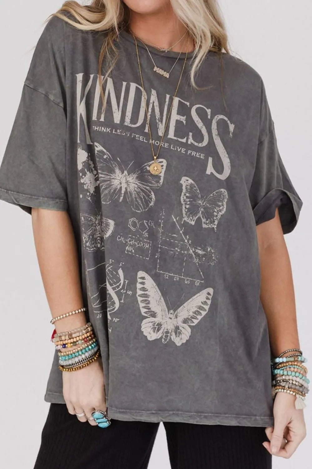 Crowned Energy CO. Dark Gray / S Trendsi T-Shirt Kindness Butterflies Graphic Mineral Wash Loose Tee