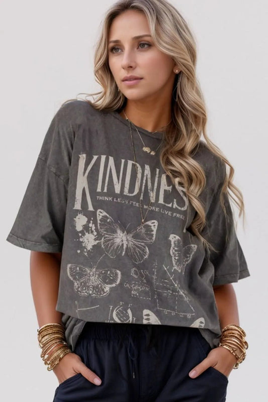 Crowned Energy CO. Dark Gray / S Trendsi T-Shirt Kindness Butterflies Graphic Mineral Wash Loose Tee