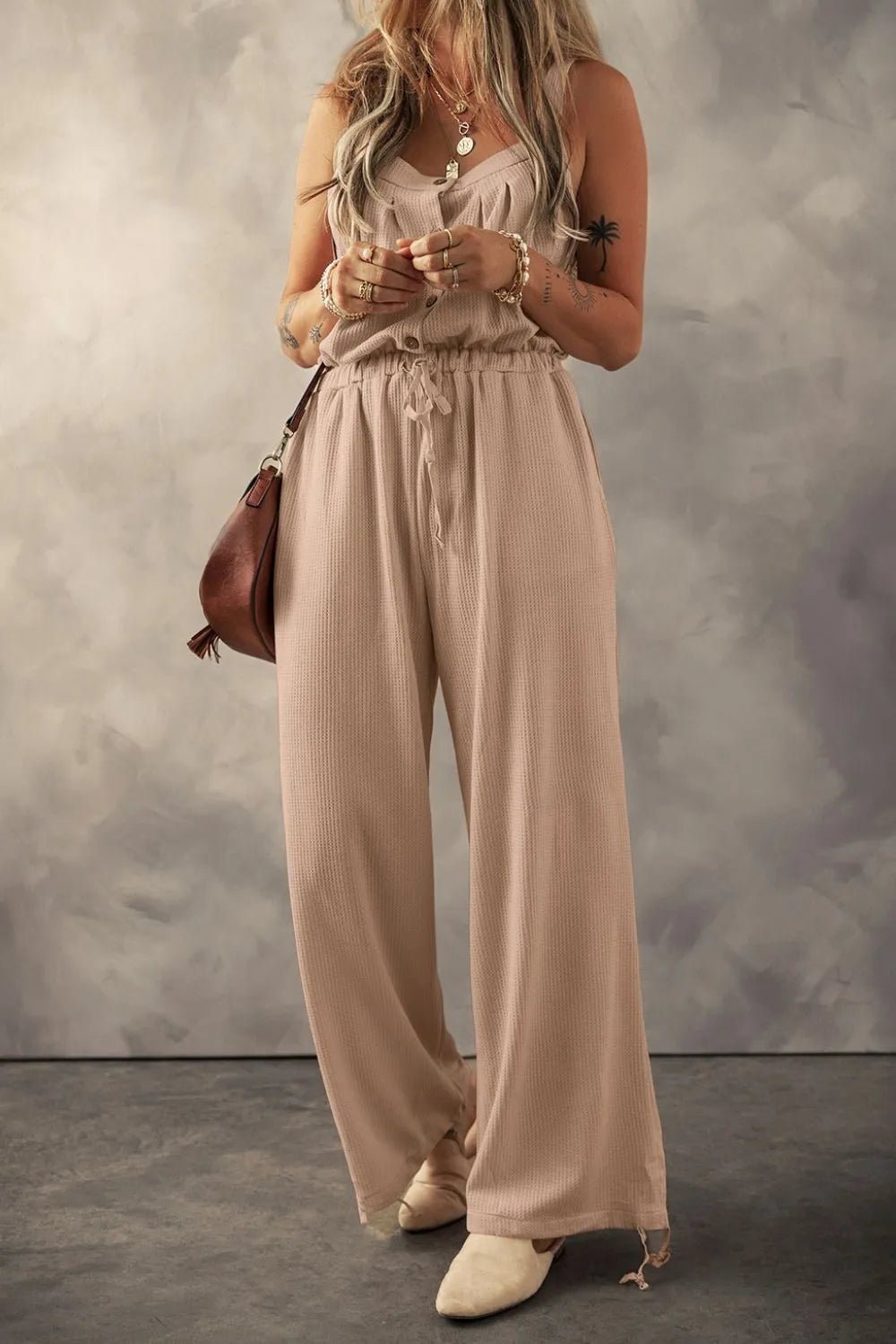 Knotted Straps Button Textured Drawstring Jumpsuit - Crowned Energy CO.