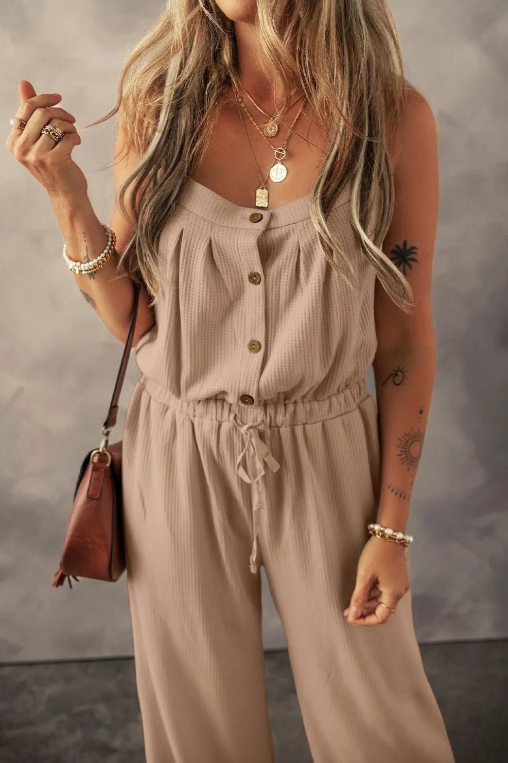 Knotted Straps Button Textured Drawstring Jumpsuit - Crowned Energy CO.