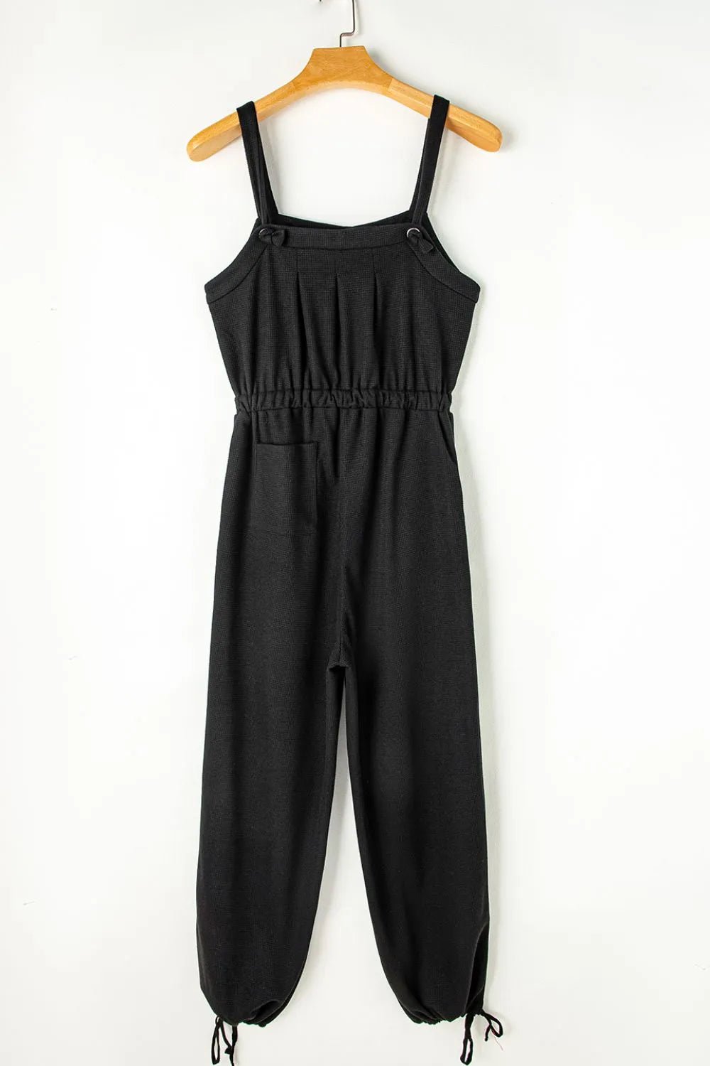 Knotted Straps Button Textured Drawstring Jumpsuit - Crowned Energy CO.