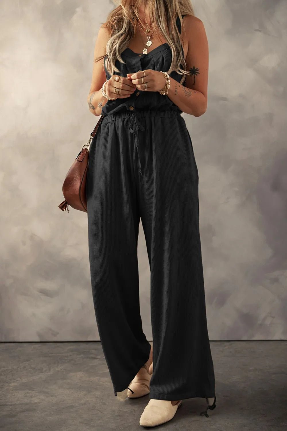 Knotted Straps Button Textured Drawstring Jumpsuit - Crowned Energy CO.