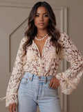 Crowned Energy CO. Off-white / S Trendsi Tops/Blouses & Shirts Lace Button Up Long Sleeve Shirt
