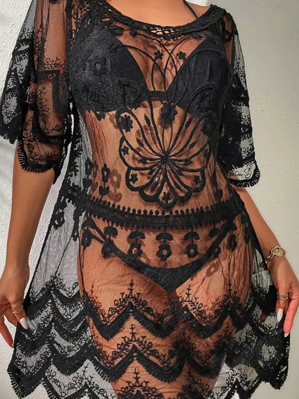 Lace Round Neck Half Sleeve Cover - Up - Crowned Energy CO.