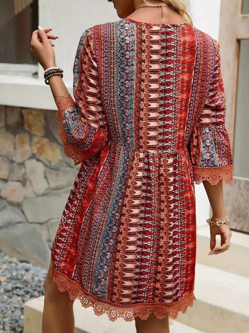 Lace Trim Printed V - Neck 3/4 Sleeve Dress - Crowned Energy CO.