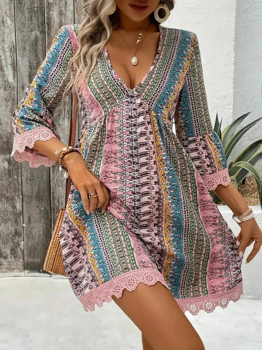Lace Trim Printed V - Neck 3/4 Sleeve Dress - Crowned Energy CO.