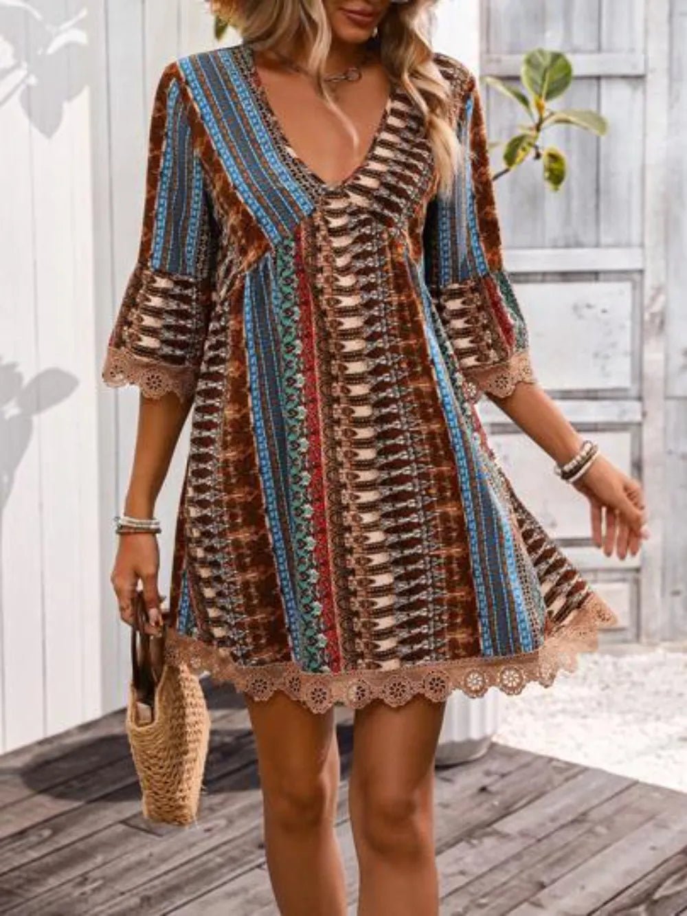 Lace Trim Printed V - Neck 3/4 Sleeve Dress - Crowned Energy CO.