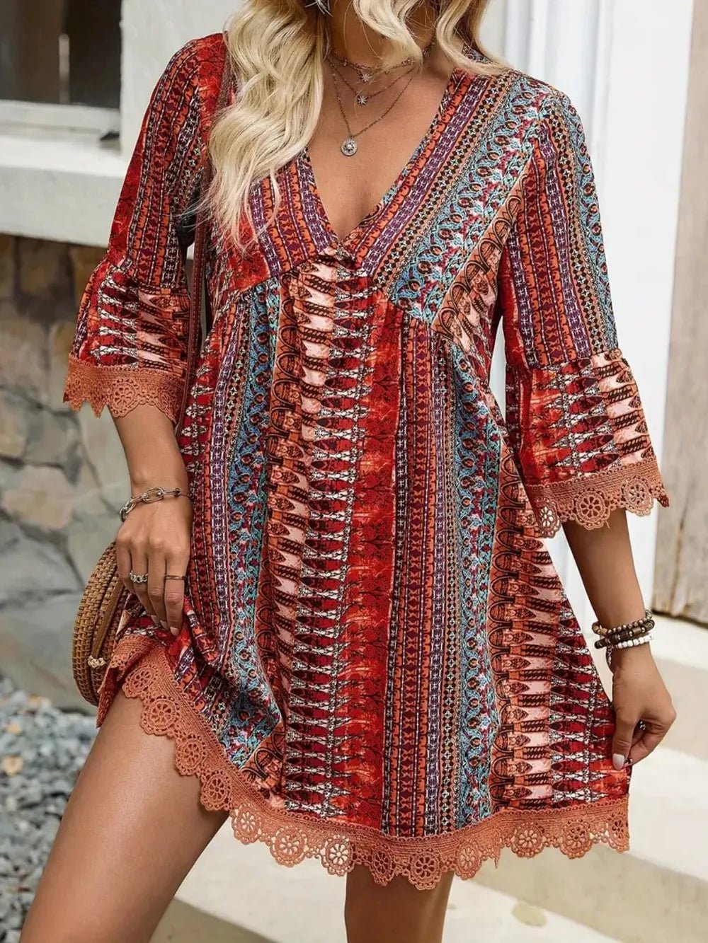 Lace Trim Printed V - Neck 3/4 Sleeve Dress - Crowned Energy CO.