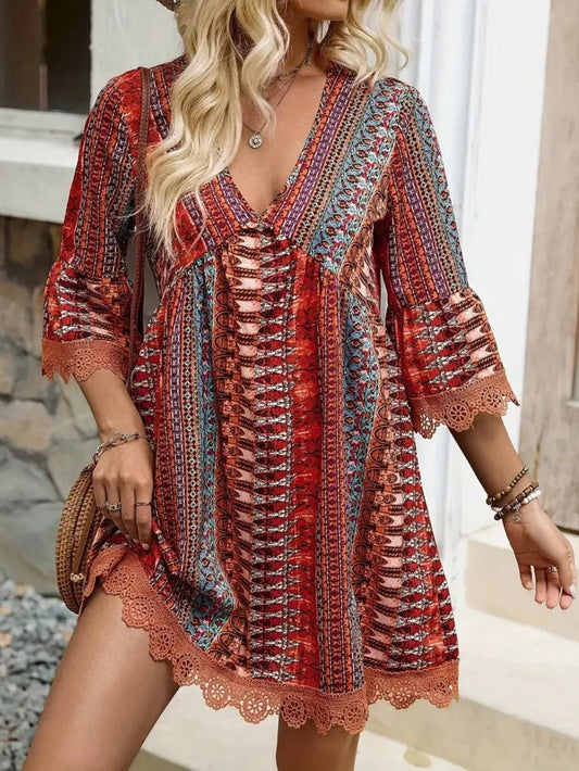 Lace Trim Printed V - Neck 3/4 Sleeve Dress - Crowned Energy CO.